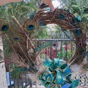 Peacock Feather Wreath with Ribbon